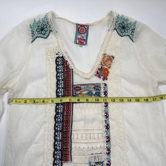 JOHNNY WAS Tunic Top Womens Small Embroidered Rayon Floral Sheer Bethanie - Picture 9 of 16